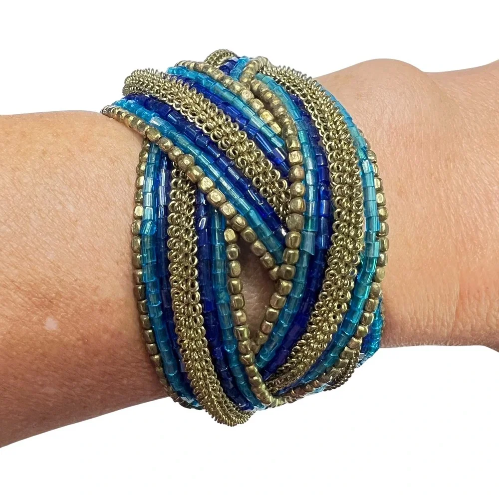 Beaded Cuff Bracelet Blue Gold Tone Statement‎ Bohemian Fashion Jewelry